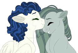 Size: 1023x698 | Tagged: safe, artist:azure-art-wave, high winds, marble pie, earth pony, pegasus, pony, crack shipping, deviantart watermark, eyes closed, female, grin, kissing, lesbian, marblewinds, mare, obtrusive watermark, shipping, simple background, smiling, watermark, white background