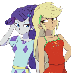 Size: 2227x2295 | Tagged: safe, artist:haibaratomoe, applejack, rarity, equestria girls, equestria girls series, spring breakdown, spoiler:eqg series (season 2), clothes, cute, female, freckles, geode of shielding, jackabetes, lesbian, magical geodes, raribetes, rarijack, shipping, simple background, smiling, white background