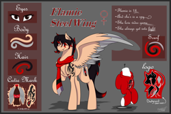 Size: 3000x2000 | Tagged: safe, artist:shamy-crist, oc, oc:flamie steelwing, pegasus, pony, clothes, engrish, fangs, female, mare, reference sheet, scarf, solo
