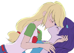 Size: 2554x1835 | Tagged: safe, artist:haibaratomoe, applejack, rarity, human, better together, equestria girls, blushing, clothes, cute, eyes closed, female, freckles, humanized, jackabetes, kissing, lesbian, love, passionate, raribetes, rarijack, shipping, shirt, simple background, white background