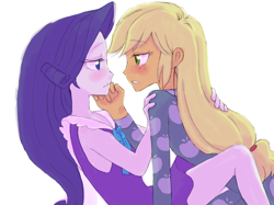 Size: 2048x1535 | Tagged: safe, artist:haibaratomoe, applejack, rarity, equestria girls, blushing, clothes, cute, eye contact, female, imminent kissing, jackabetes, lesbian, looking at each other, love, pajamas, raribetes, rarijack, shipping, simple background, white background