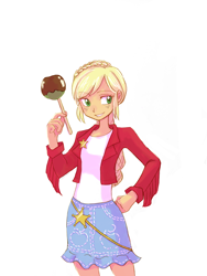 Size: 2448x3264 | Tagged: safe, artist:haibaratomoe, applejack, equestria girls, alternate hairstyle, caramel apple (food), clothes, female, freckles, simple background, solo, white background