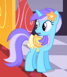 Size: 259x296 | Tagged: safe, screencap, diamond mint, pony, unicorn, the best night ever, background pony, cropped, female, flower, flower in hair, looking back, mare, saddle, solo, tack