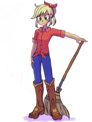 Size: 2448x3264 | Tagged: safe, artist:haibaratomoe, applejack, human, better together, equestria girls, five to nine, alternate hairstyle, broom, clothes, cute, female, freckles, jackabetes, simple background, solo, white background