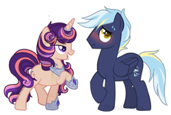 Size: 1092x732 | Tagged: safe, artist:ipandacakes, artist:owl-clockwork, oc, oc only, oc:jet streak, oc:moonlit aurora, pegasus, pony, unicorn, blushing, female, male, mare, offspring, parent:flash sentry, parent:rainbow dash, parent:soarin', parent:twilight sparkle, parents:flashlight, parents:soarindash, simple background, stallion, transparent background