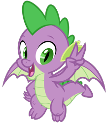 Size: 2800x3200 | Tagged: safe, artist:cheezedoodle96, spike, dragon, dragon dropped, .svg available, claws, flying, looking at you, male, open mouth, peace sign, simple background, smiling, solo, svg, tail, transparent background, vector, winged spike