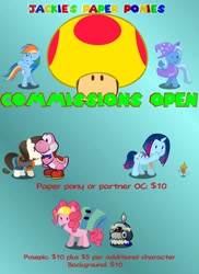 Size: 762x1048 | Tagged: safe, artist:little jackie papercut, oc, oc:dizzy strings, oc:goomquixote, oc:pluto planitia, oc:poshi yoshi, earth pony, pegasus, pony, unicorn, advertisement, commission info, goomba, paper mario, scarecrow, yoshi