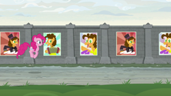 Size: 1920x1080 | Tagged: safe, derpibooru import, screencap, cheese sandwich, pinkie pie, earth pony, pony, the last laugh, poster, pronking, wall