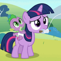 Size: 484x484 | Tagged: safe, screencap, spike, twilight sparkle, unicorn twilight, dragon, pony, unicorn, sparkle's seven, angry, animated, baby, baby dragon, baby spike, blinking, covering mouth, cropped, cute, daaaaaaaaaaaw, diaper, dragons riding ponies, female, filly, filly twilight sparkle, floppy ears, frown, giggling, kite, mouth hold, raised hoof, riding, smiling, spikabetes, twiabetes, unamused, younger