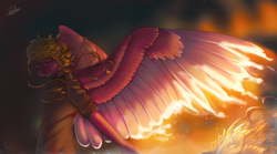 Size: 3780x2100 | Tagged: safe, artist:orfartina, oc, oc only, anthro, pegasus, pony, clothes, eyes closed, fire, high res, large wings, shirt, solo, wings