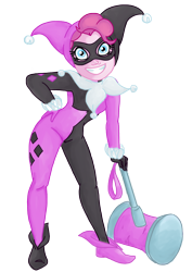 Size: 890x1258 | Tagged: safe, artist:sarcasticleaves, pinkie pie, equestria girls, clothes, cosplay, costume, dc comics, grin, hammer, hand on hip, harley quinn, looking at you, pinkie quinn, simple background, smiling, solo, transparent background