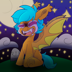 Size: 1000x1000 | Tagged: safe, artist:loopdalamb, oc, oc:citrine slush, bat, bat pony, vampire, blue, chibi, cloud, cry wank, crying, cute, fluffy, food, fruit, grave, moon, night, orange, pink, sad, scene, sitting, solo, stars