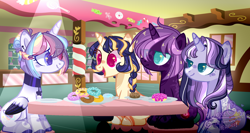 Size: 1024x546 | Tagged: safe, artist:manella-art, oc, oc only, oc:aurora twilightshine, oc:midnight sparkle, oc:moonlight sparkle, oc:neverfree storm, alicorn, pony, unicorn, base used, donut, female, food, half-siblings, heterochromia, magical lesbian spawn, mare, offspring, parent:flash sentry, parent:princess luna, parent:rainbow dash, parent:tempest shadow, parent:twilight sparkle, parents:flashlight, parents:tempestlight, parents:twidash, parents:twiluna