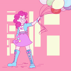 Size: 2480x2484 | Tagged: safe, artist:sarcasticleaves, pinkie pie, equestria girls, abstract background, balloon, boots, clothes, cute, female, grin, happy, jacket, shirt, shoes, skirt, smiling, solo, wristband