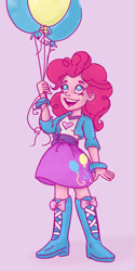 Size: 615x1233 | Tagged: safe, artist:sarcasticleaves, pinkie pie, equestria girls, balloon, boots, clothes, cute, diapinkes, happy, jacket, looking up, open mouth, pink background, shirt, shoes, simple background, skirt, smiling, solo, wristband