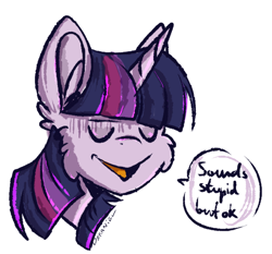 Size: 622x580 | Tagged: safe, artist:deraniel, mean twilight sparkle, pony, the mean 6, bust, cheek fluff, clone, dialogue, ear fluff, eyes closed, portrait, reaction image, simple background, solo, speech bubble, white background