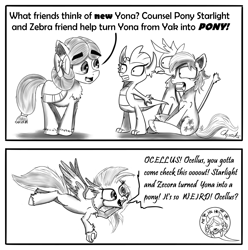 Size: 1500x1514 | Tagged: safe, artist:chopsticks, gallus, ocellus, sandbar, silverstream, smolder, yona, changeling, dragon, griffon, pony, yak, she's all yak, bow, comic, dialogue, disguise, disguised changeling, female, flying, hair bow, male, mare, monkey swings, open mouth, ponified, pony yona, species swap, stallion, student six, text, trick, trolling