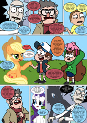 Size: 800x1133 | Tagged: safe, artist:imbriaart, derpibooru import, applejack, rarity, earth pony, human, pig, pony, unicorn, comic:magic princess war, clothes, comic, crossover, dipper pines, ford pines, gravity falls, mabel pines, morty smith, rick and morty, rick sanchez