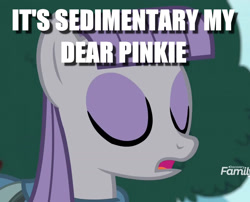 Size: 1323x1071 | Tagged: safe, edit, edited screencap, screencap, maud pie, earth pony, pony, yakity-sax, caption, cropped, discovery family logo, eyes closed, female, image macro, impact font, mare, pun, sherlock holmes, solo, text