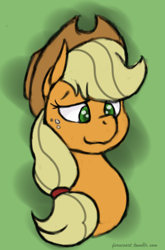 Size: 1266x1920 | Tagged: safe, artist:furncoart, derpibooru import, part of a set, applejack, earth pony, pony, bust, explicit source, female, green background, mare, simple background, smiling, solo