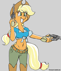 Size: 1280x1485 | Tagged: safe, artist:furncoart, derpibooru import, applejack, anthro, belly button, boots, breasts, cleavage, clothes, cowboy boots, explicit source, eye clipping through hair, female, front knot midriff, gray background, gun, handgun, hips, irrational exuberance, mare, midriff, no trigger discipline, revolver, shoes, simple background, smiling, solo, this will end in death, this will end in tears, this will end in tears and/or death