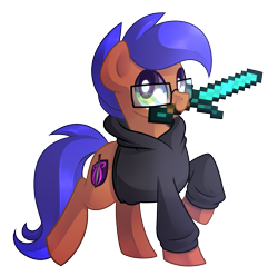 Size: 1256x1248 | Tagged: safe, artist:drawntildawn, oc, oc only, oc:odyssey flash, pegasus, pony, clothes, diamond sword, hidden wings, hoodie, minecraft, mouth hold, sword, weapon