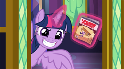 Size: 1671x938 | Tagged: safe, screencap, twilight sparkle, twilight sparkle (alicorn), alicorn, pony, the last problem, comic book, cropped, dreamworks face, evil grin, glowing horn, grin, horn, levitation, magic, proud, smiling, smirk, solo, telekinesis, written equestrian