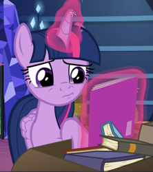 Size: 835x940 | Tagged: safe, screencap, twilight sparkle, twilight sparkle (alicorn), alicorn, pony, the last problem, book, boxes, comic book, cropped, glowing horn, horn, levitation, magic, solo, telekinesis