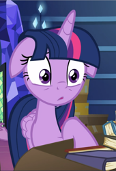 Size: 640x939 | Tagged: safe, screencap, twilight sparkle, twilight sparkle (alicorn), alicorn, pony, the last problem, book, box, cropped, floppy ears, solo, worried