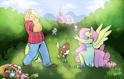 Size: 1280x812 | Tagged: safe, artist:rwl, derpibooru import, apple bloom, applejack, big macintosh, fluttershy, winona, anthro, earth pony, pegasus, appleshy, basket, engagement ring, female, lesbian, marriage proposal, picnic basket, shipping, shocked, surprised, sweet apple acres