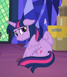 Size: 587x670 | Tagged: safe, screencap, twilight sparkle, twilight sparkle (alicorn), alicorn, pony, the last problem, cropped, cute, floppy ears, looking back, sad, sad face, sadorable, sitting, solo, spread wings, twiabetes, wings