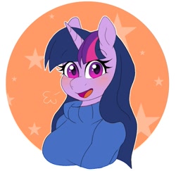 Size: 743x722 | Tagged: safe, artist:littlebibbo, derpibooru exclusive, twilight sparkle, alicorn, anthro, blushing, clothes, doodle, female, happy, horn, long hair, looking at you, mare, solo, sparkly eyes, sweater