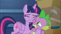 Size: 1672x938 | Tagged: safe, screencap, spike, twilight sparkle, twilight sparkle (alicorn), alicorn, dragon, the last problem, cropped, cute, duo, eyes closed, hug, mama twilight, smiling, snuggling, spikabetes, squishy cheeks, twiabetes