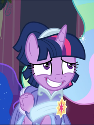 Size: 712x941 | Tagged: safe, screencap, twilight sparkle, twilight sparkle (alicorn), alicorn, pony, the last problem, adorkable, awkward smile, clothes, coronation dress, cropped, cute, dork, dress, nervous, offscreen character, second coronation dress, sheepish grin, solo focus