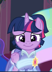 Size: 346x484 | Tagged: safe, screencap, twilight sparkle, twilight sparkle (alicorn), alicorn, pony, the last problem, clothes, coronation dress, cropped, cute, dress, female, folded wings, looking at you, mare, offscreen character, second coronation dress, smiling, solo focus, twiabetes, wings