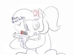 Size: 2434x1818 | Tagged: safe, artist:companioncube, oc, oc only, earth pony, pony, alexa, dialogue, flower, gun, handgun, hoof hold, monochrome, open mouth, pistol, sitting, solo