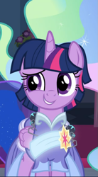 Size: 491x888 | Tagged: safe, screencap, twilight sparkle, twilight sparkle (alicorn), alicorn, pony, spider, star spider, the last problem, adorkable, clothes, coronation dress, cropped, cute, dork, dress, offscreen character, second coronation dress, smiling, solo focus, twiabetes