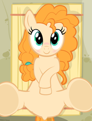 Size: 3899x5148 | Tagged: safe, alternate version, artist:mrkat7214, derpibooru exclusive, pear butter, earth pony, pony, blushing, cute, explicit description, featureless crotch, female, hay bale, legs in air, looking at you, pearabetes, show accurate, smiling, solo, underhoof