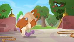 Size: 1280x720 | Tagged: safe, screencap, spike, dragon, rainbow roadtrip, apple tree, backpack, claws, discovery family logo, male, ponytail, toes, tree, underfoot, winged spike