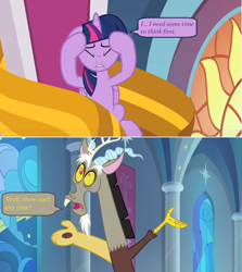 Size: 1366x1528 | Tagged: safe, edit, edited screencap, screencap, discord, twilight sparkle, twilight sparkle (alicorn), alicorn, the ending of the end, banner, comic, dialogue, screencap comic, speech bubble, stained glass window, throne