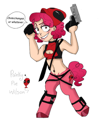 Size: 768x922 | Tagged: safe, artist:unoriginai, derpibooru import, pinkie pie, oc, oc:painkie, human, satyr, boob window, crossover, crossover shipping, deadpool, female, fourth wall, gun, humanized, looking at you, male, mask, offspring, parent:deadpool, parent:pinkie pie, parents:pinkiepool, pinkiepool, pinkiepool (pairing), speech bubble, straight, talking to viewer, weapon