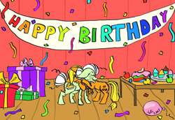 Size: 1024x703 | Tagged: safe, artist:superdashiebros, derpibooru import, applejack, granny smith, earth pony, pony, banner, birthday, cake, confetti, cupcake, food, happy birthday, hug, present