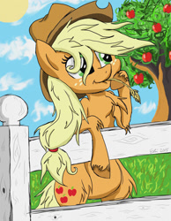 Size: 1024x1320 | Tagged: safe, artist:superdashiebros, derpibooru import, applejack, earth pony, pony, apple tree, bipedal, fence, hat, straw in mouth, tree, unshorn fetlocks