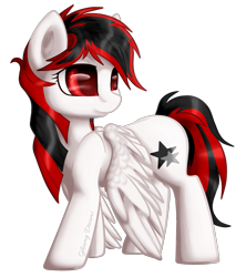 Size: 1545x1737 | Tagged: safe, artist:gleamydreams, oc, oc:starlet, pegasus, pony, female, looking away, mare, not blackjack, red and black oc, red eyes, solo, spread wings, wings, wings down