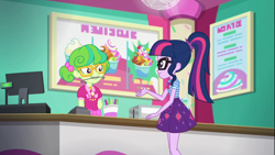 Size: 1920x1080 | Tagged: safe, screencap, sci-twi, stella sprinkles, twilight sparkle, better together, choose your own ending, equestria girls, tip toppings, tip toppings: twilight sparkle, braces, cash register, cashier, clothes, counter, female, froyo, frozen yogurt, frozen yogurt shop, geode of telekinesis, glasses, magical geodes, orthodontic headgear, pigtails, ponytail, sign, skirt, smiling, written equestrian