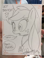 Size: 1536x2048 | Tagged: safe, artist:andypriceart, derpibooru import, applejack, earth pony, pony, bronycon, bronycon 2019, female, mare, monochrome, pencil drawing, solo, traditional art
