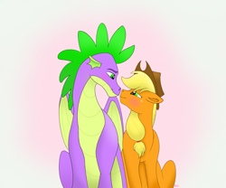 Size: 3791x3152 | Tagged: safe, artist:bellbell123, derpibooru import, applejack, spike, dragon, earth pony, pony, applespike, blushing, cute, female, floppy ears, looking at each other, male, older, older spike, profile, shipping, sitting, straight, winged spike