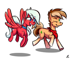 Size: 1827x1551 | Tagged: safe, artist:sukiwukidookie, oc, oc only, oc:buck evergreen, oc:keneta, earth pony, pegasus, pony, 2020 community collab, bandana, choker, derpibooru community collaboration, female, flying, male, mare, one eye closed, simple background, smiling, stallion, transparent background, trotting