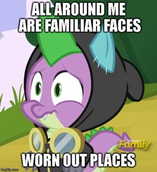 Size: 500x549 | Tagged: safe, edit, edited screencap, screencap, spike, dragon, sparkle's seven, caption, clothes, costume, cropped, dangerous mission outfit, denied, discovery family logo, goggles, hoodie, hug denied, image macro, lyrics, mad world, rejected, rejection, sad, solo, text