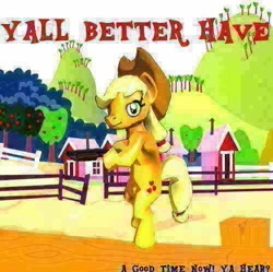 Size: 499x498 | Tagged: safe, derpibooru import, applejack, earth pony, pony, applejack's hat, cowboy hat, dank memes, deep fried meme, eppaljeck, female, gun, hat, mare, meme, needs more jpeg, shotgun, sweet apple acres, weapon, y'all